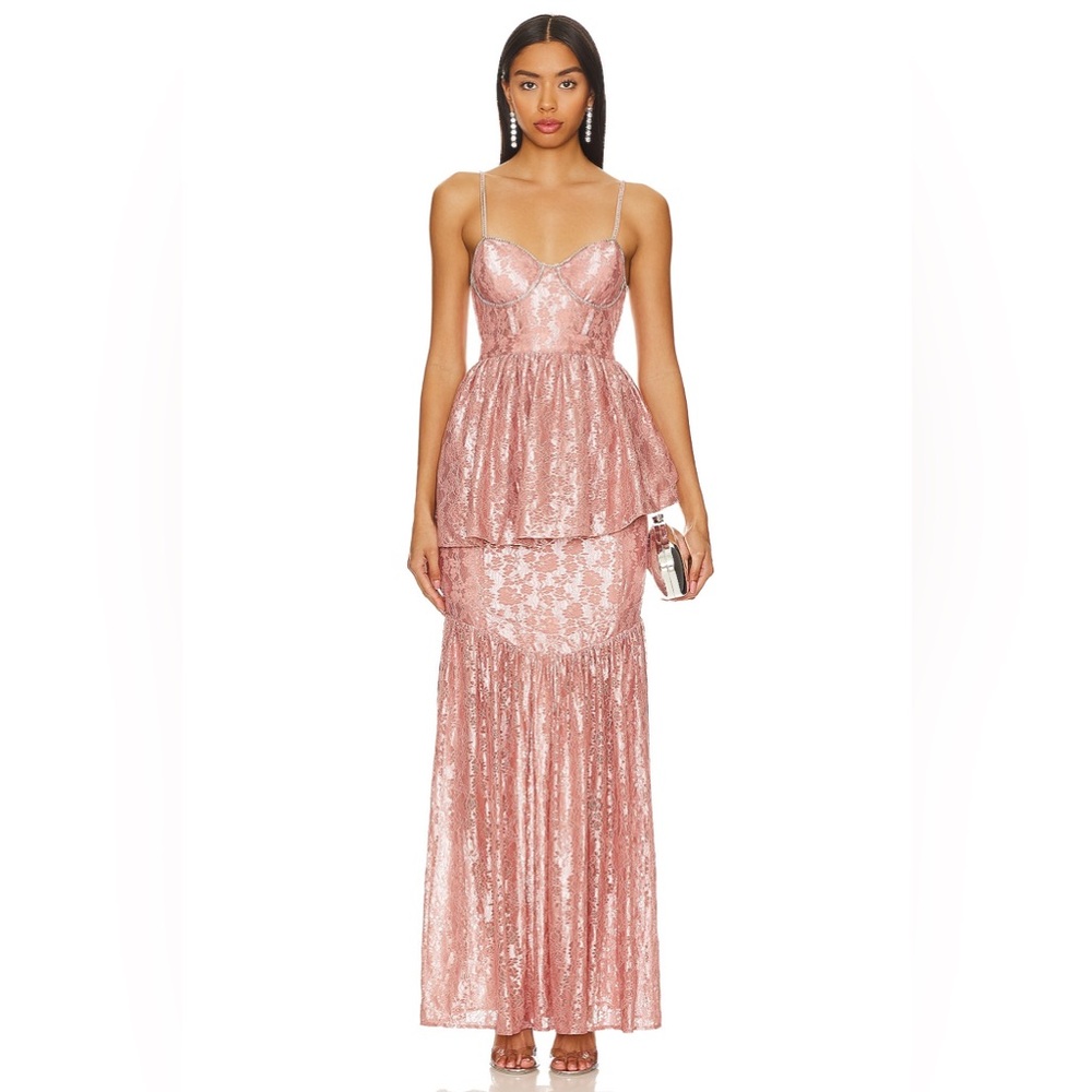 NWT For Love & Lemons Shai Maxi Gown Dress Floral Lace Rhinestone Size Medium